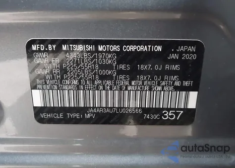 2020 Mitsubishi Outlander Sport 2.0 Es Awc z USA, uszkodzony, nr VIN JA4AR3AU7LU026566